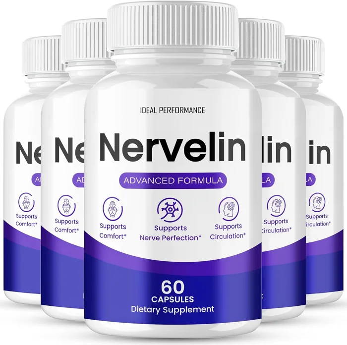 Five Nervelin bottles, the Ideal Performance-distributed version sold as a five-pack, as pictured on its Amazon listing